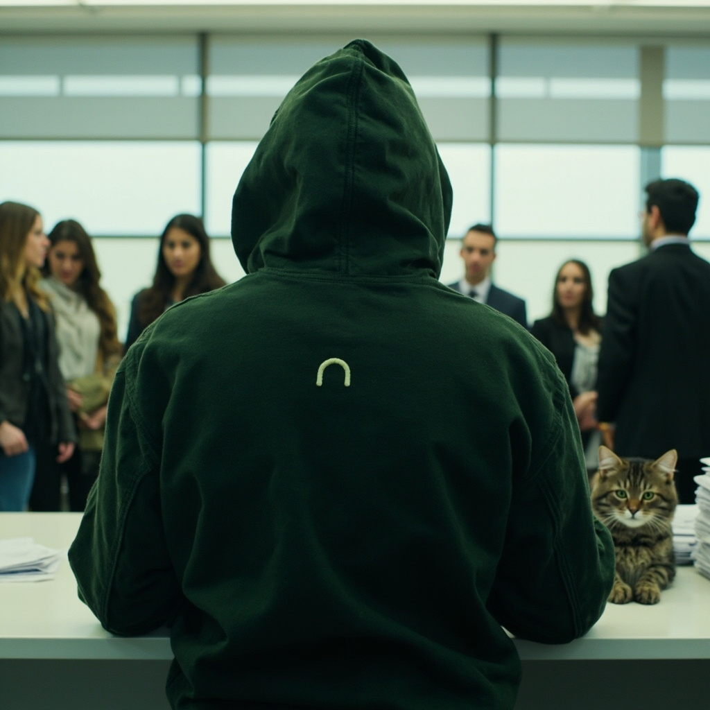 a figure in a green hood, back to the room, in an office full of suits
