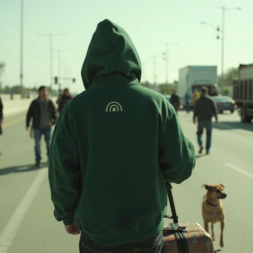 the hood walking an open road, dog alongside, other people ahead